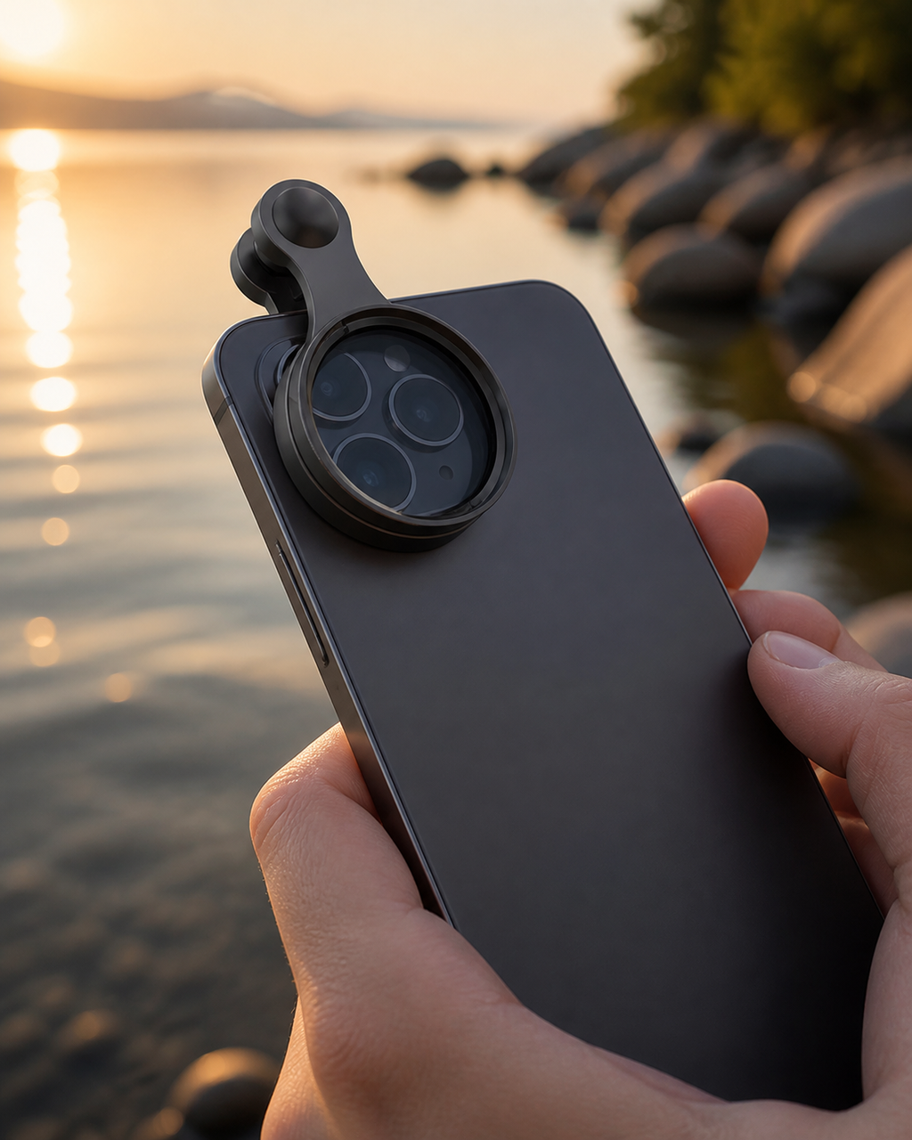 Clip-on 52 mm CPL filter on an unbranded smartphone outdoors