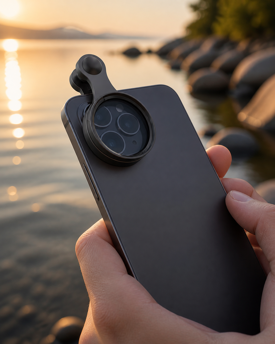 Clip-on 52 mm CPL filter on an unbranded smartphone outdoors